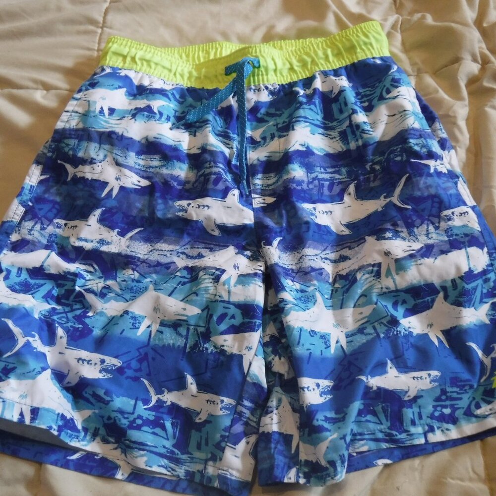 ZeroXposur Boys Swim Trunks Size 14/16 Blue Yellow Sharks w/ Pockets & Liner